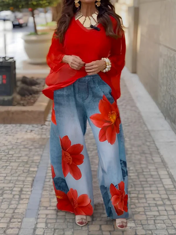 Loose Wide Leg Flower Print Jean Pants Bottoms Trousers - Image 2