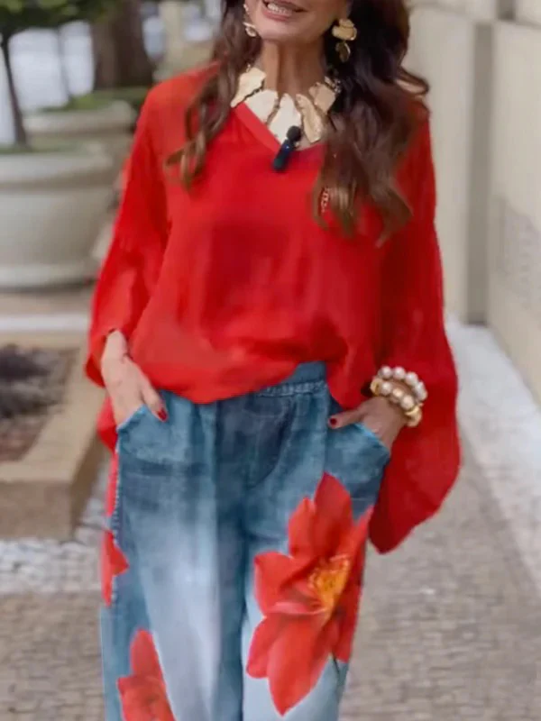 Loose Wide Leg Flower Print Jean Pants Bottoms Trousers - Image 3