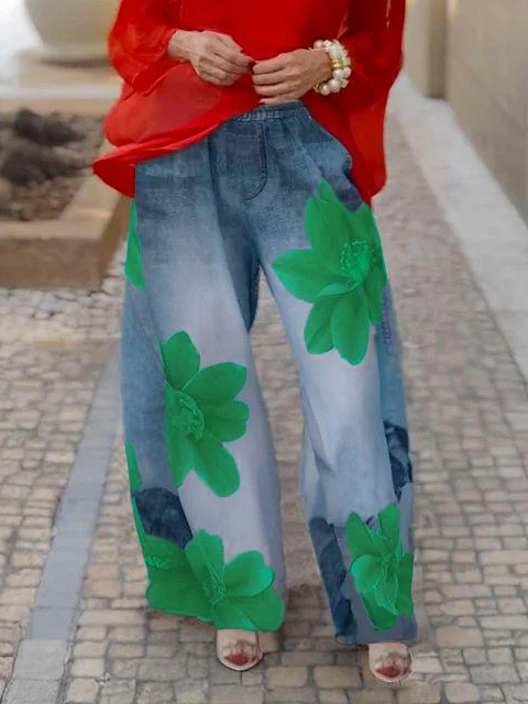 Loose Wide Leg Flower Print Jean Pants Bottoms Trousers - Image 4