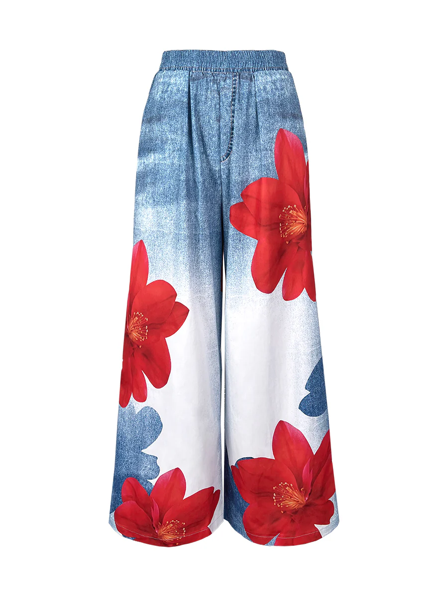 Loose Wide Leg Flower Print Jean Pants Bottoms Trousers - Image 5