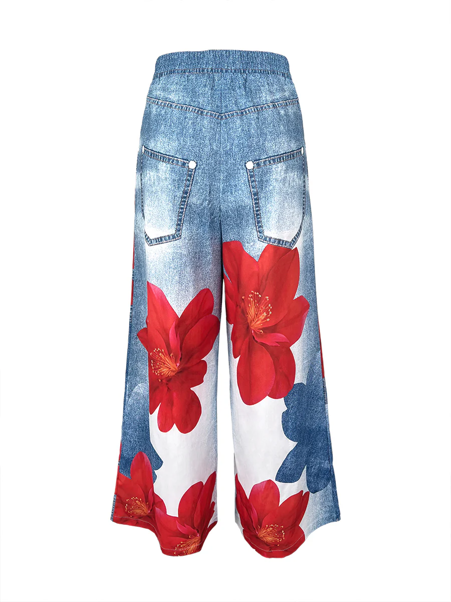 Loose Wide Leg Flower Print Jean Pants Bottoms Trousers - Image 6