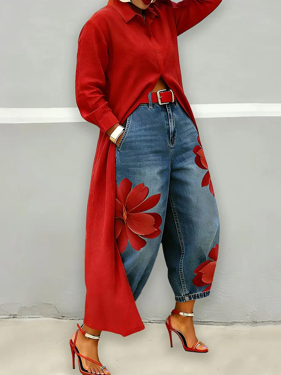 Loose Wide Leg Flower Print No Belt Pockets Jean Pants Bottoms Ninth Pants - Image 10