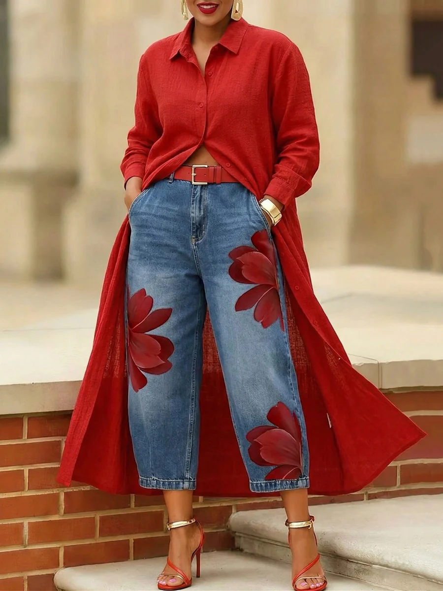 Loose Wide Leg Flower Print No Belt Pockets Jean Pants Bottoms Ninth Pants - Image 2