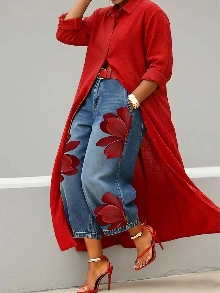 Loose Wide Leg Flower Print No Belt Pockets Jean Pants Bottoms Ninth Pants - Image 3