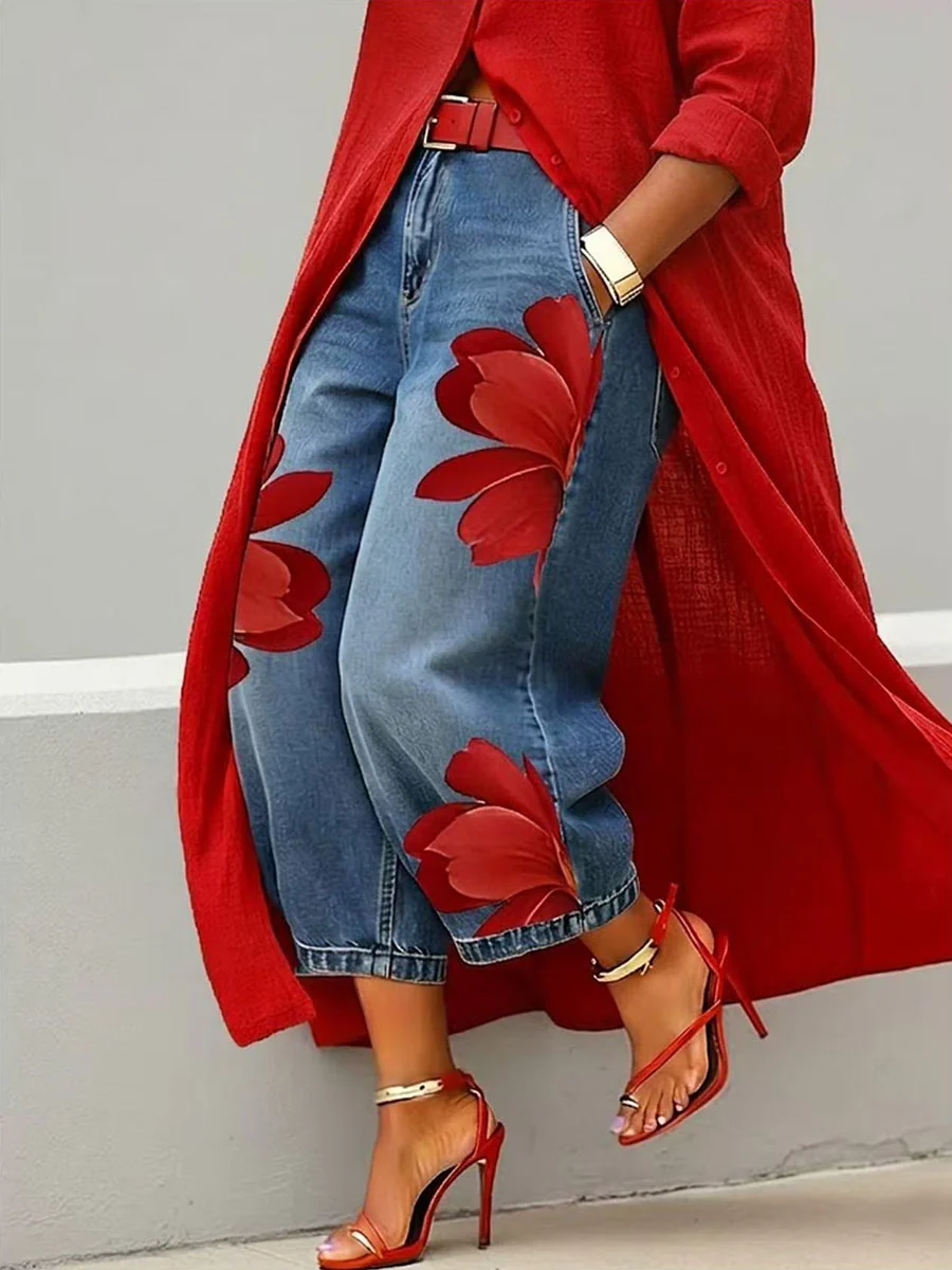 Loose Wide Leg Flower Print No Belt Pockets Jean Pants Bottoms Ninth Pants - Image 6