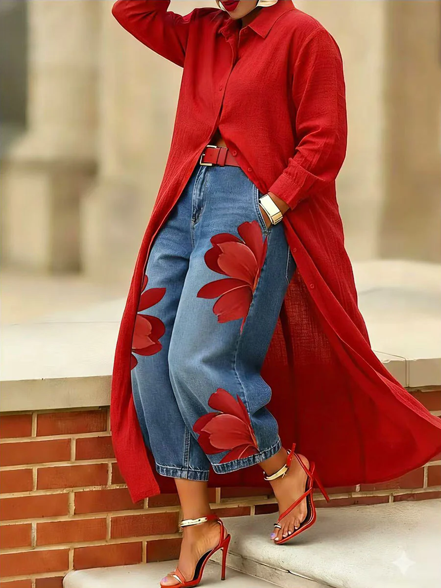 Loose Wide Leg Flower Print No Belt Pockets Jean Pants Bottoms Ninth Pants - Image 7