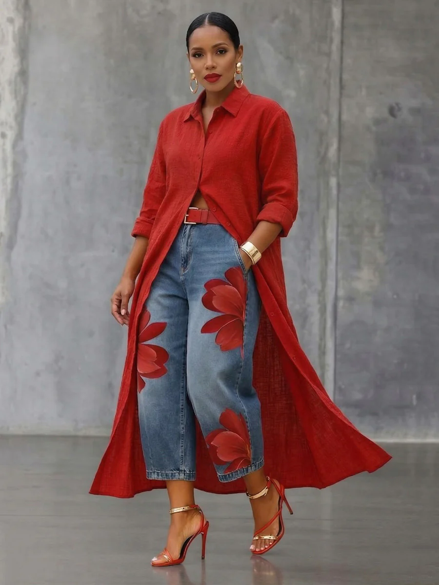 Loose Wide Leg Flower Print No Belt Pockets Jean Pants Bottoms Ninth Pants - Image 9