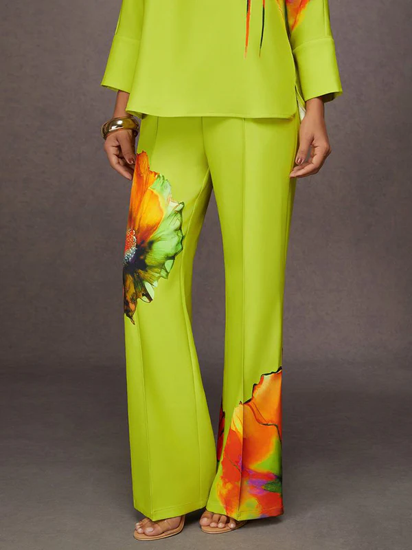 Loose Wide Leg Elasticity Flower Print Pleated Pants Trousers - Image 2
