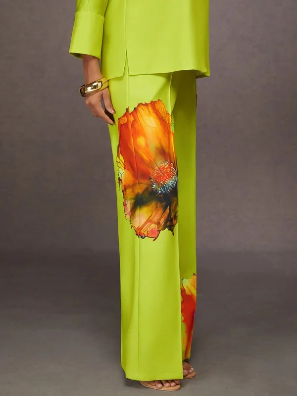 Loose Wide Leg Elasticity Flower Print Pleated Pants Trousers - Image 3