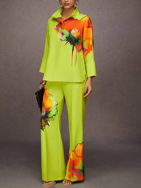 Loose Wide Leg Elasticity Flower Print Pleated Pants Trousers - Image 4