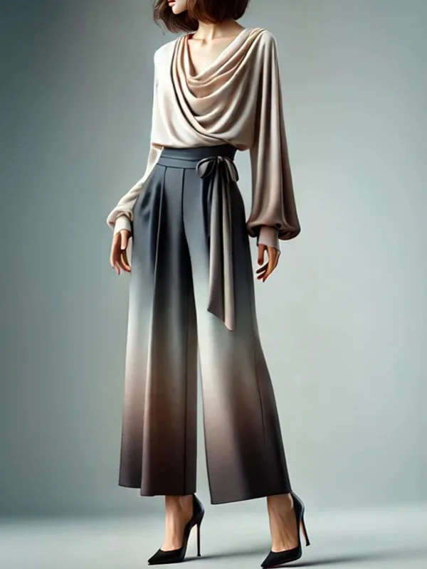 Loose Wide Leg Gradient Tied Waist Casual Pants Bottoms Trousers - Image 2