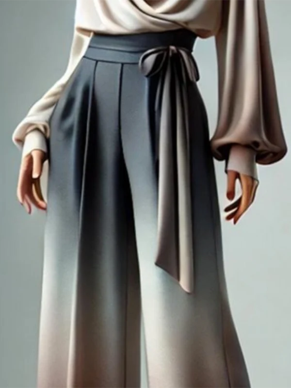 Loose Wide Leg Gradient Tied Waist Casual Pants Bottoms Trousers - Image 3