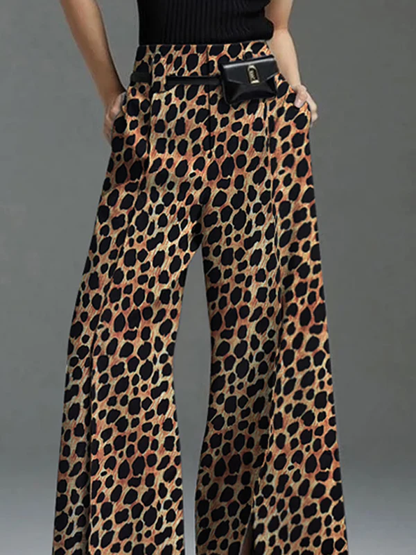 Loose Wide Leg Leopard Split-Front Casual Pants Bottoms Trousers - Image 2