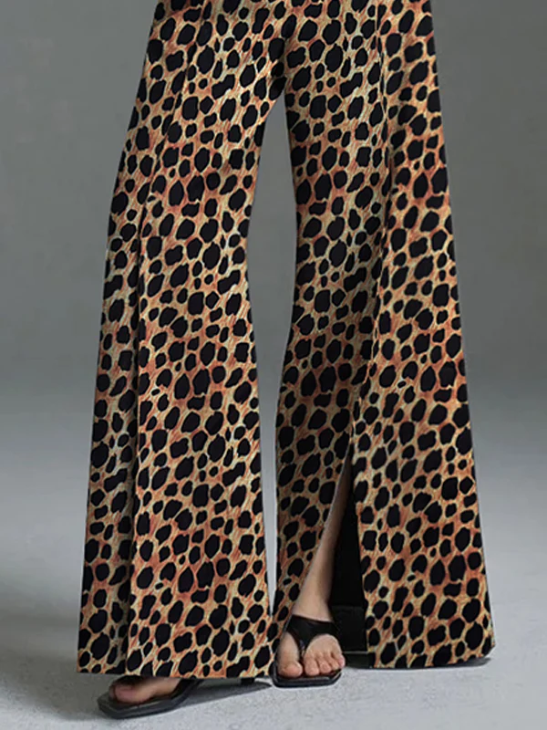 Loose Wide Leg Leopard Split-Front Casual Pants Bottoms Trousers - Image 3
