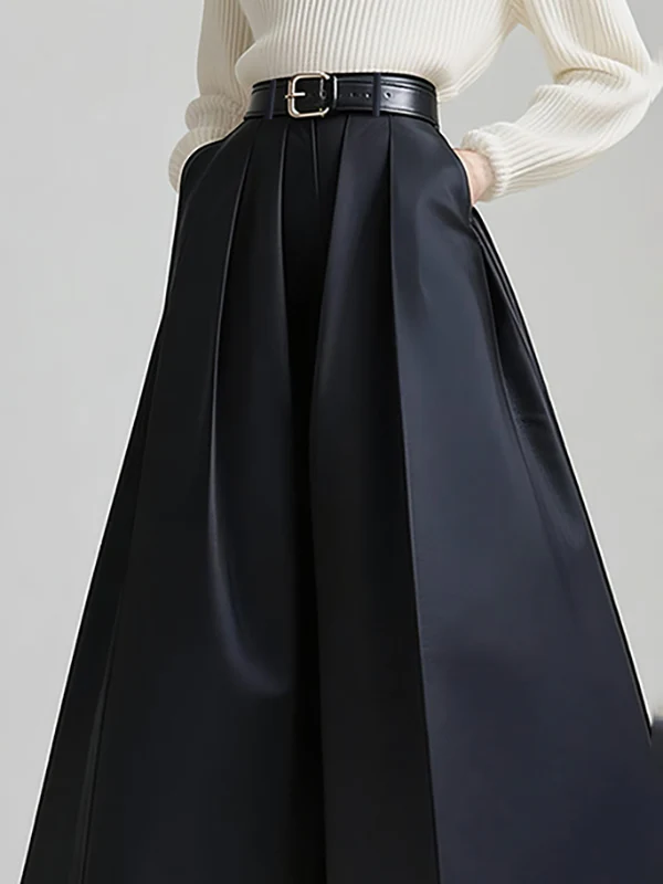 Loose Wide Leg No Belt Pleated Pockets Solid Color Flared Trousers Pants - Image 2