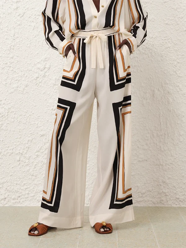 Loose Wide Leg Plaid Striped Tied Waist Casual Pants Bottoms Trousers