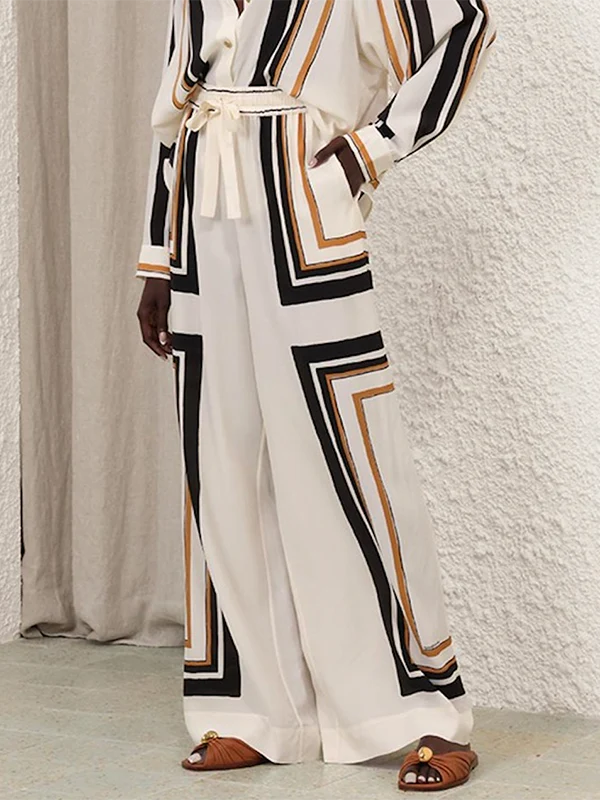 Loose Wide Leg Plaid Striped Tied Waist Casual Pants Bottoms Trousers - Image 3