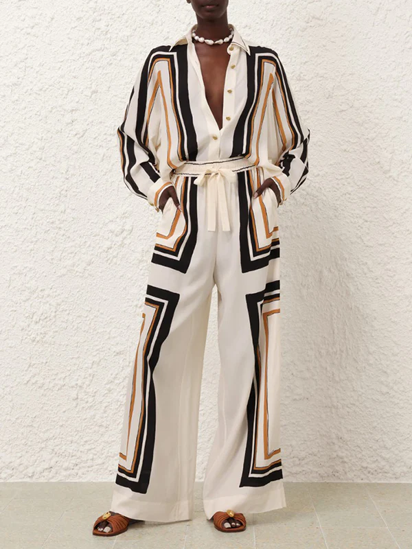 Loose Wide Leg Plaid Striped Tied Waist Casual Pants Bottoms Trousers - Image 5