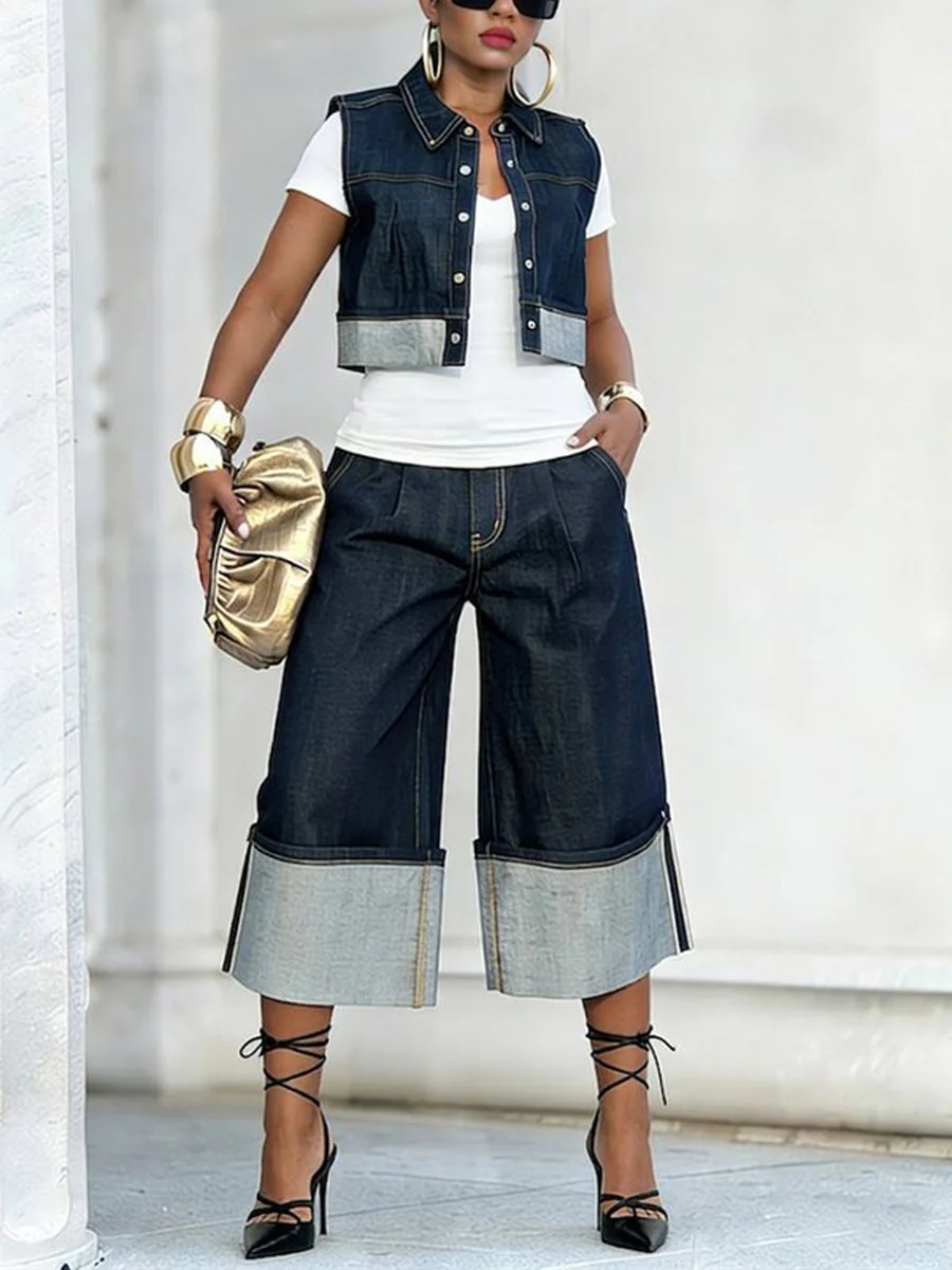 Loose Wide Leg Pleated Pockets Jean Pants Bottoms - Image 2