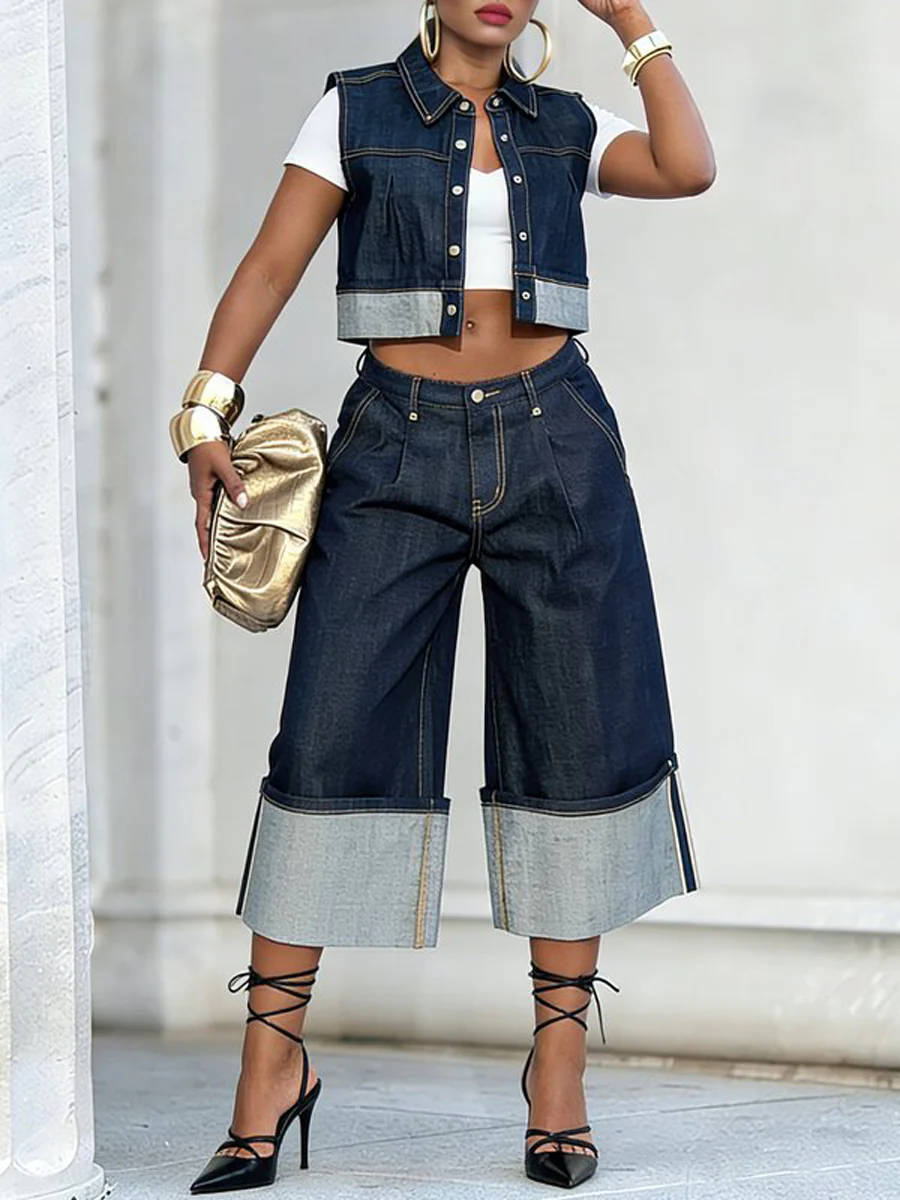 Loose Wide Leg Pleated Pockets Jean Pants Bottoms - Image 3
