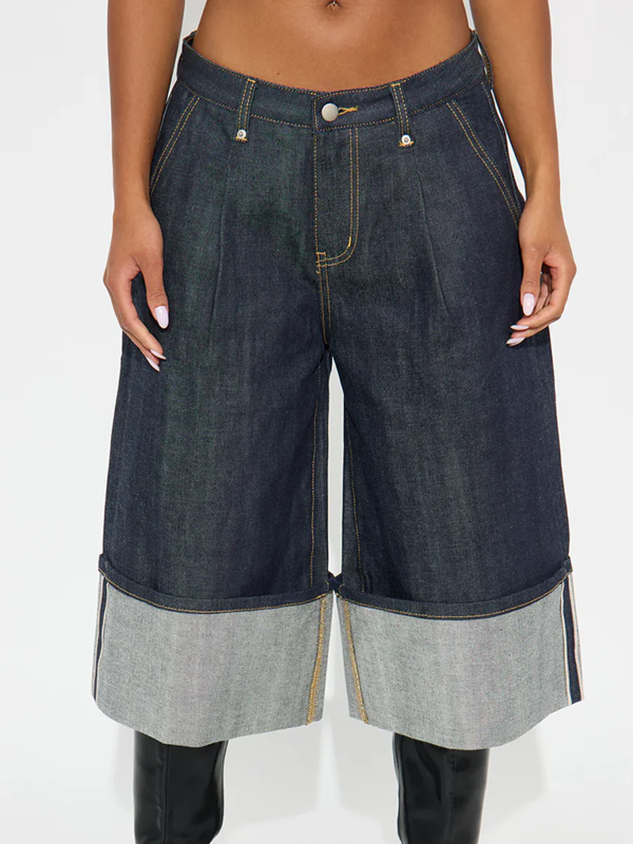Loose Wide Leg Pleated Pockets Jean Pants Bottoms - Image 4
