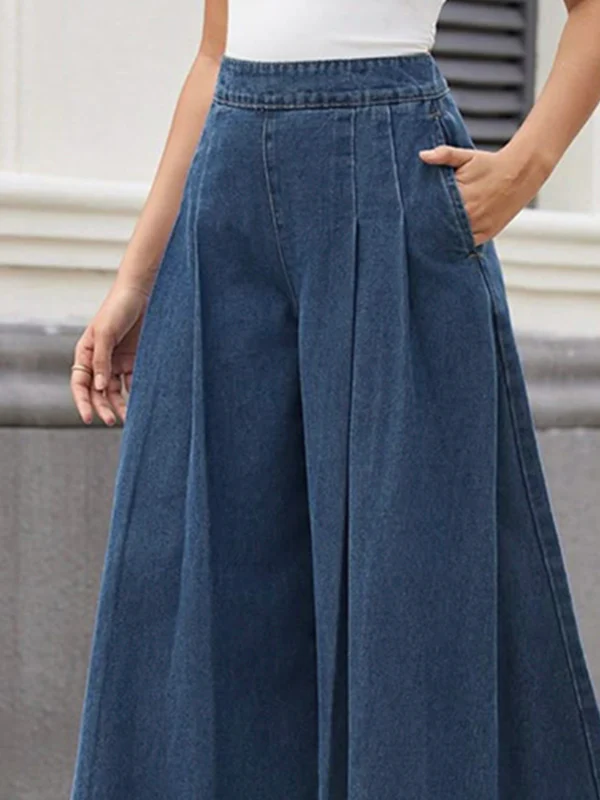 Loose Wide Leg Pleated Pockets Solid Color Jean Pants Bottoms Trousers - Image 2