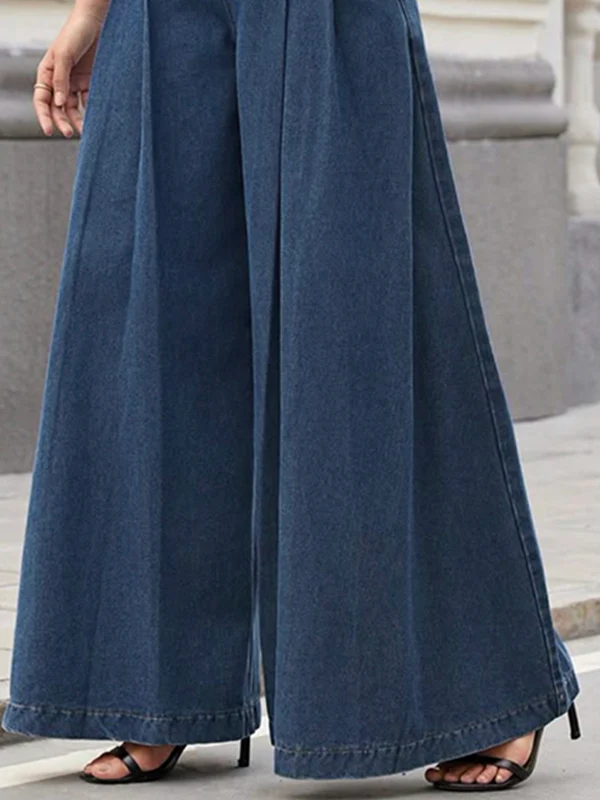 Loose Wide Leg Pleated Pockets Solid Color Jean Pants Bottoms Trousers - Image 3