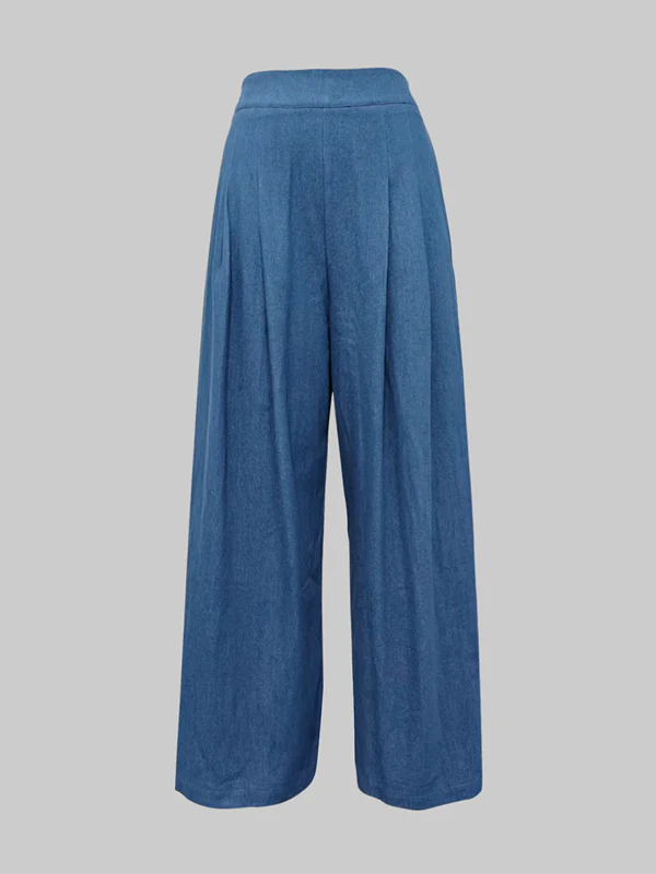 Loose Wide Leg Pleated Pockets Solid Color Jean Pants Bottoms Trousers - Image 4