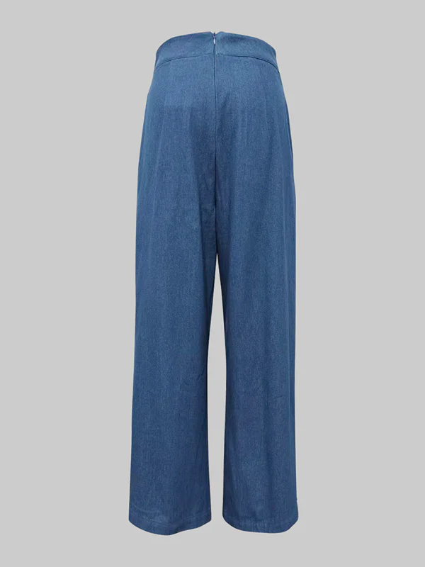 Loose Wide Leg Pleated Pockets Solid Color Jean Pants Bottoms Trousers - Image 5