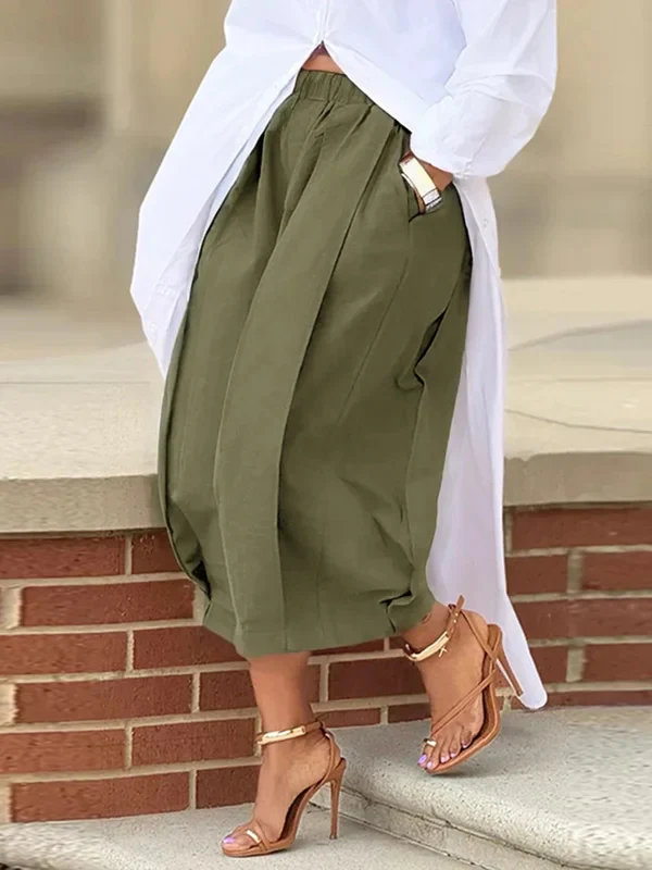 Loose Wide Leg Pleated Pockets Solid Color Pants - Image 10