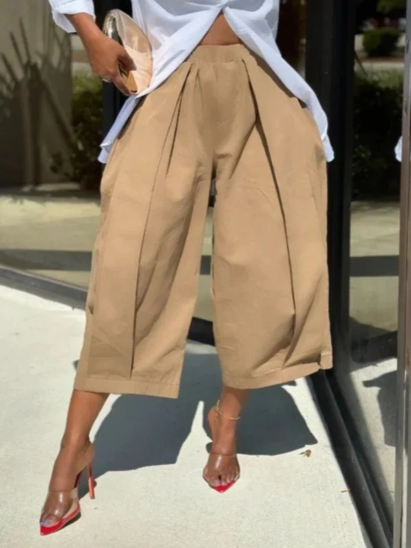 Loose Wide Leg Pleated Pockets Solid Color Pants - Image 2