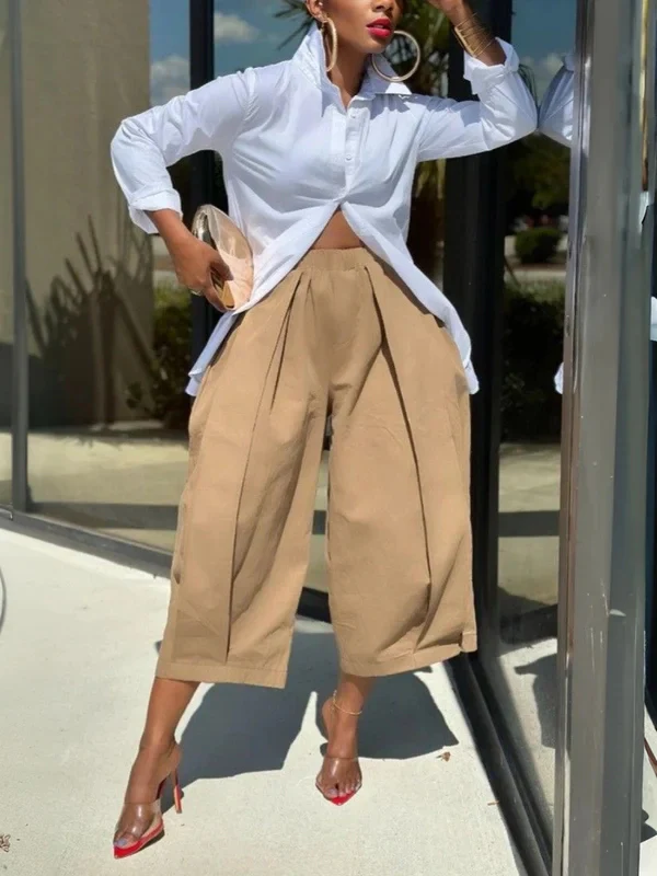 Loose Wide Leg Pleated Pockets Solid Color Pants - Image 5