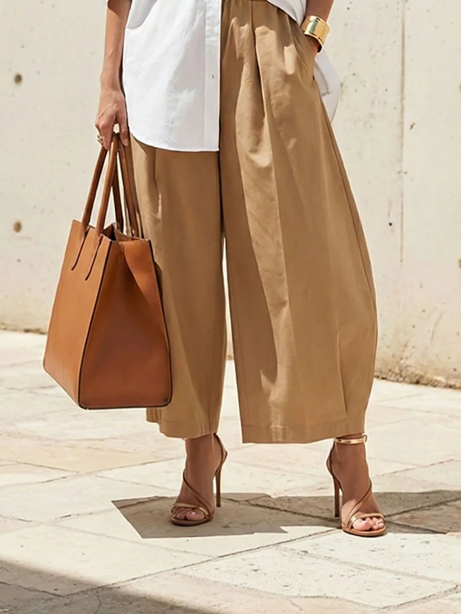 Loose Wide Leg Pleated Pockets Solid Color Pants - Image 6