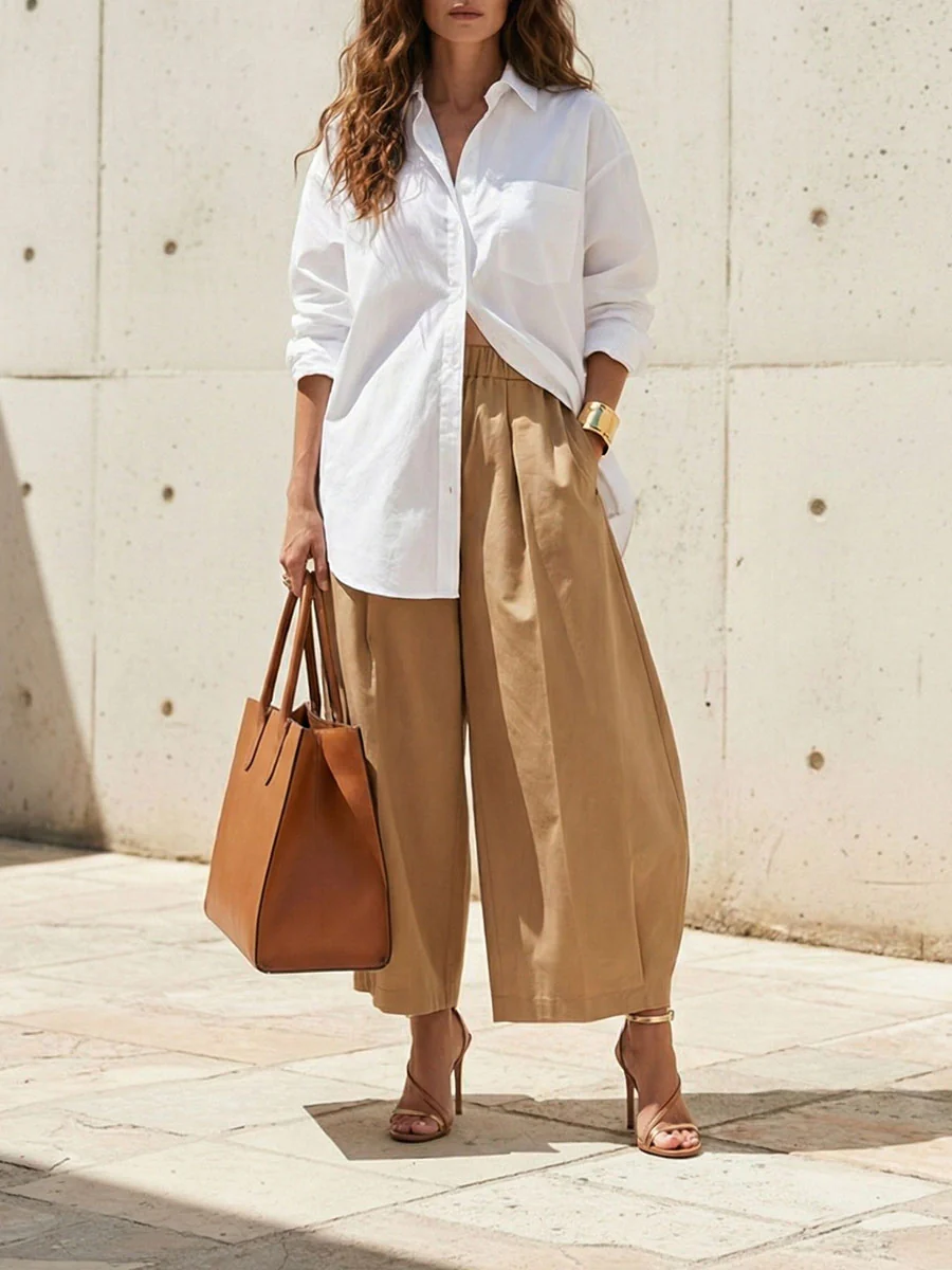 Loose Wide Leg Pleated Pockets Solid Color Pants - Image 7