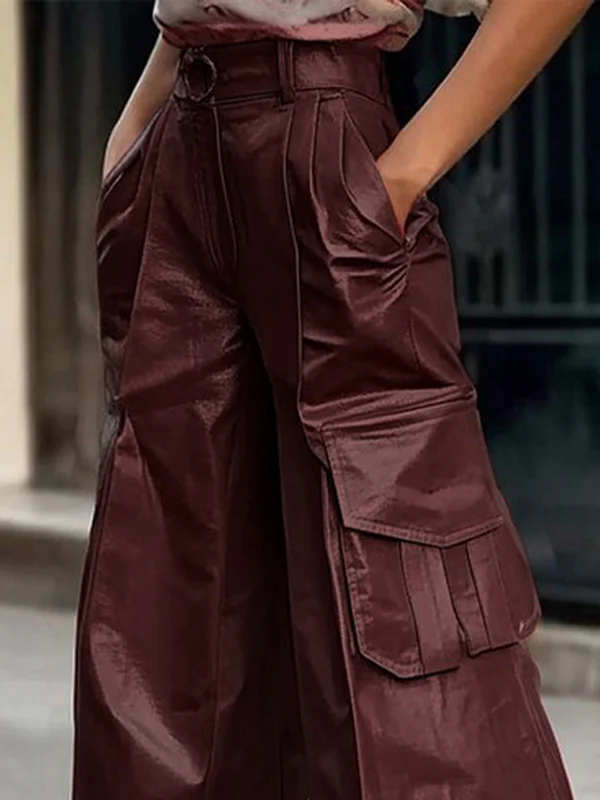 Loose Wide Leg Pleated Pockets Solid Color Split-Joint Pants Trousers - Image 2