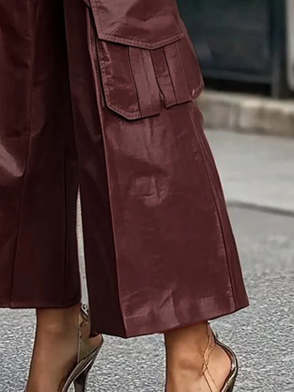 Loose Wide Leg Pleated Pockets Solid Color Split-Joint Pants Trousers - Image 3