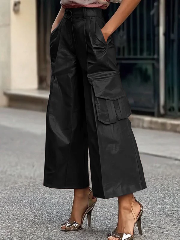 Loose Wide Leg Pleated Pockets Solid Color Split-Joint Pants Trousers - Image 4