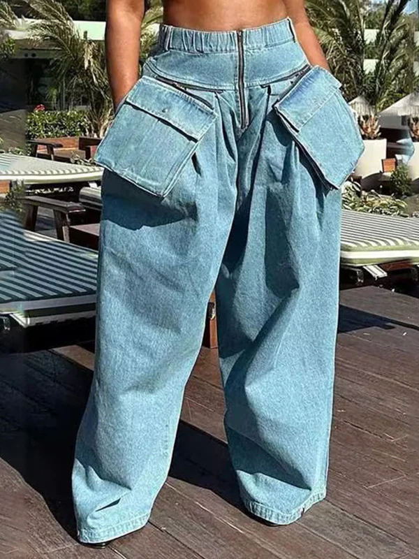 Loose Wide Leg Pleated Pockets Split-Joint Zipper Jean Pants Bottoms - Image 2
