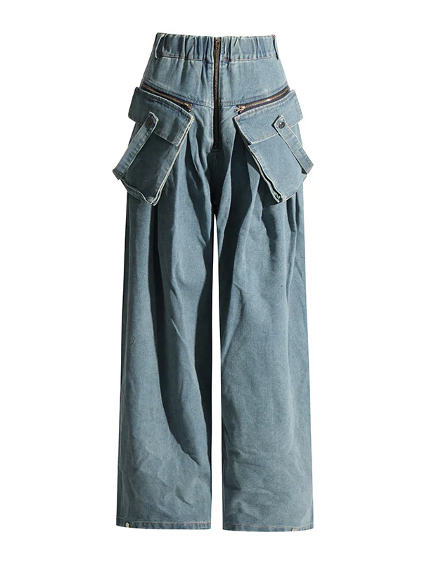 Loose Wide Leg Pleated Pockets Split-Joint Zipper Jean Pants Bottoms - Image 3