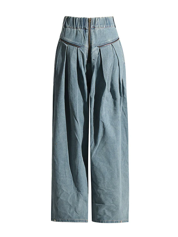 Loose Wide Leg Pleated Pockets Split-Joint Zipper Jean Pants Bottoms - Image 4
