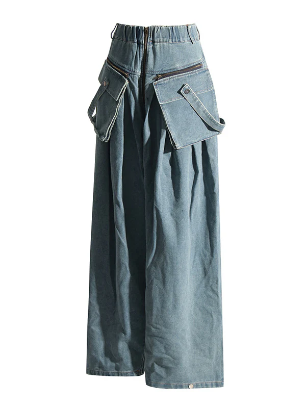 Loose Wide Leg Pleated Pockets Split-Joint Zipper Jean Pants Bottoms - Image 5