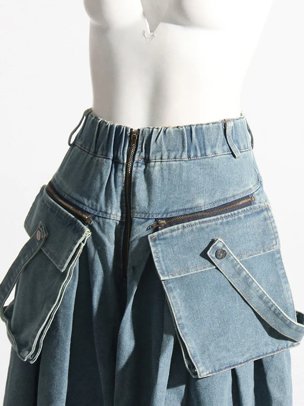 Loose Wide Leg Pleated Pockets Split-Joint Zipper Jean Pants Bottoms - Image 8