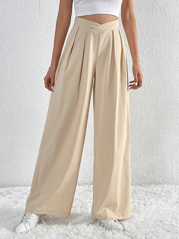 Loose Wide Leg Pleated Solid Color Pants Trousers - Image 13