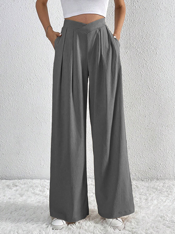 Loose Wide Leg Pleated Solid Color Pants Trousers - Image 2