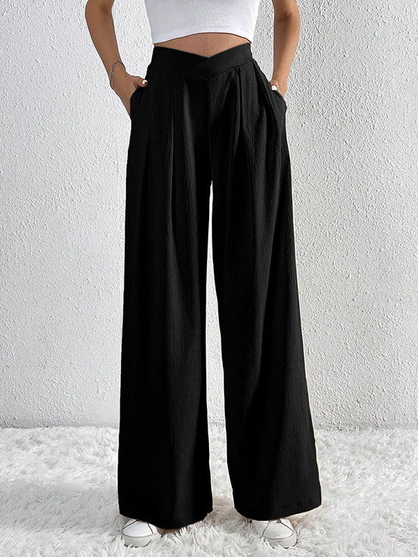 Loose Wide Leg Pleated Solid Color Pants Trousers - Image 4