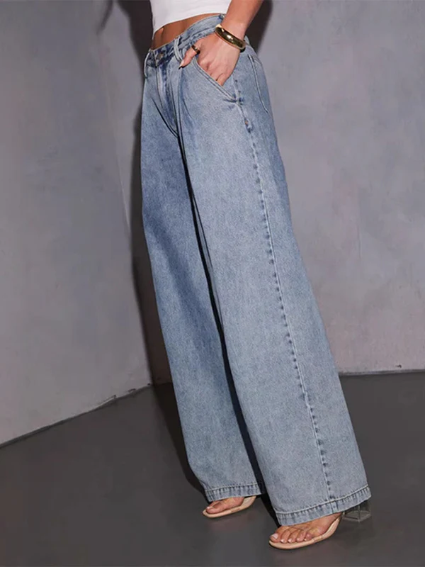 Loose Wide Leg Pleated Split-Joint Jean Pants Bottoms - Image 4