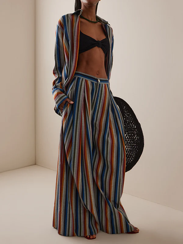 Loose Wide Leg Pleated Split-Joint Striped Pants Trousers - Image 2