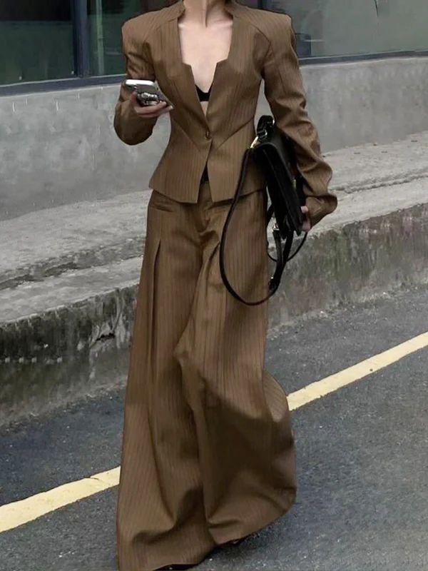Loose Wide Leg Pleated Split-Joint Striped Pants Trousers - Image 2