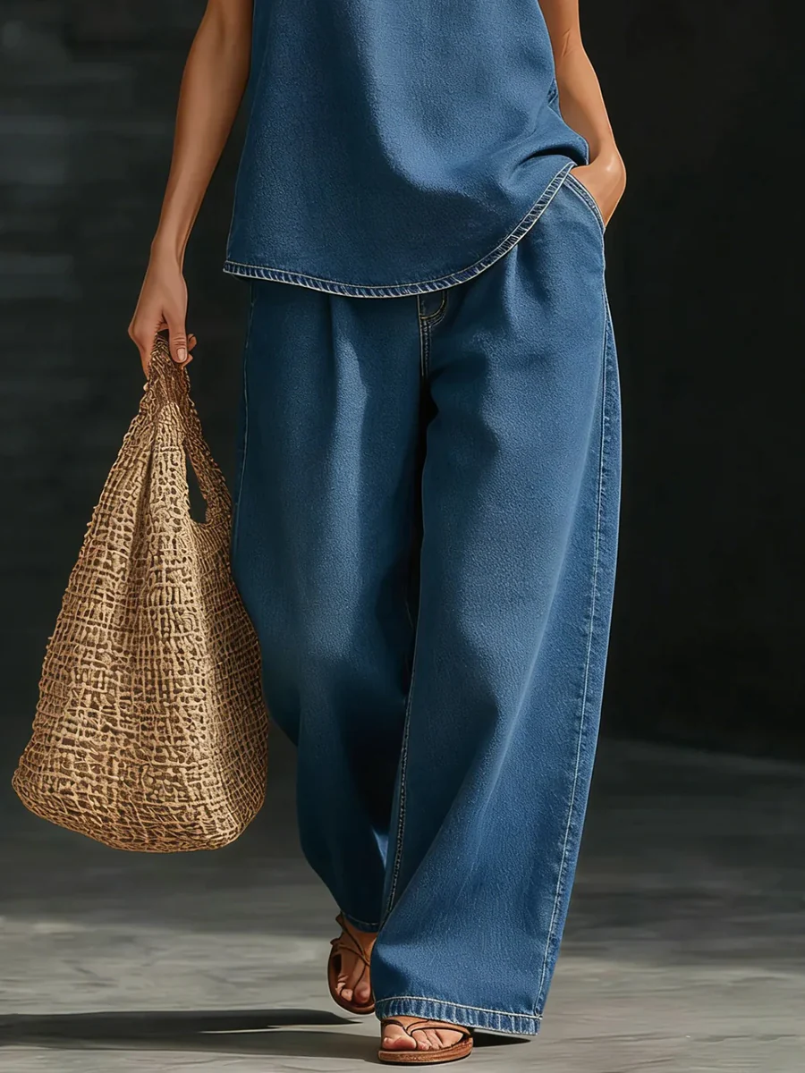 Loose Wide Leg Pockets Solid Color Jean Pants Bottoms