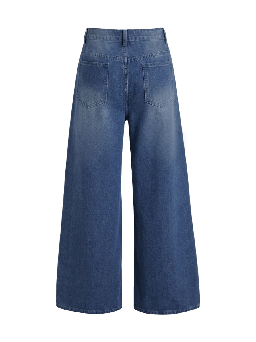 Loose Wide Leg Pockets Solid Color Jean Pants Bottoms - Image 13